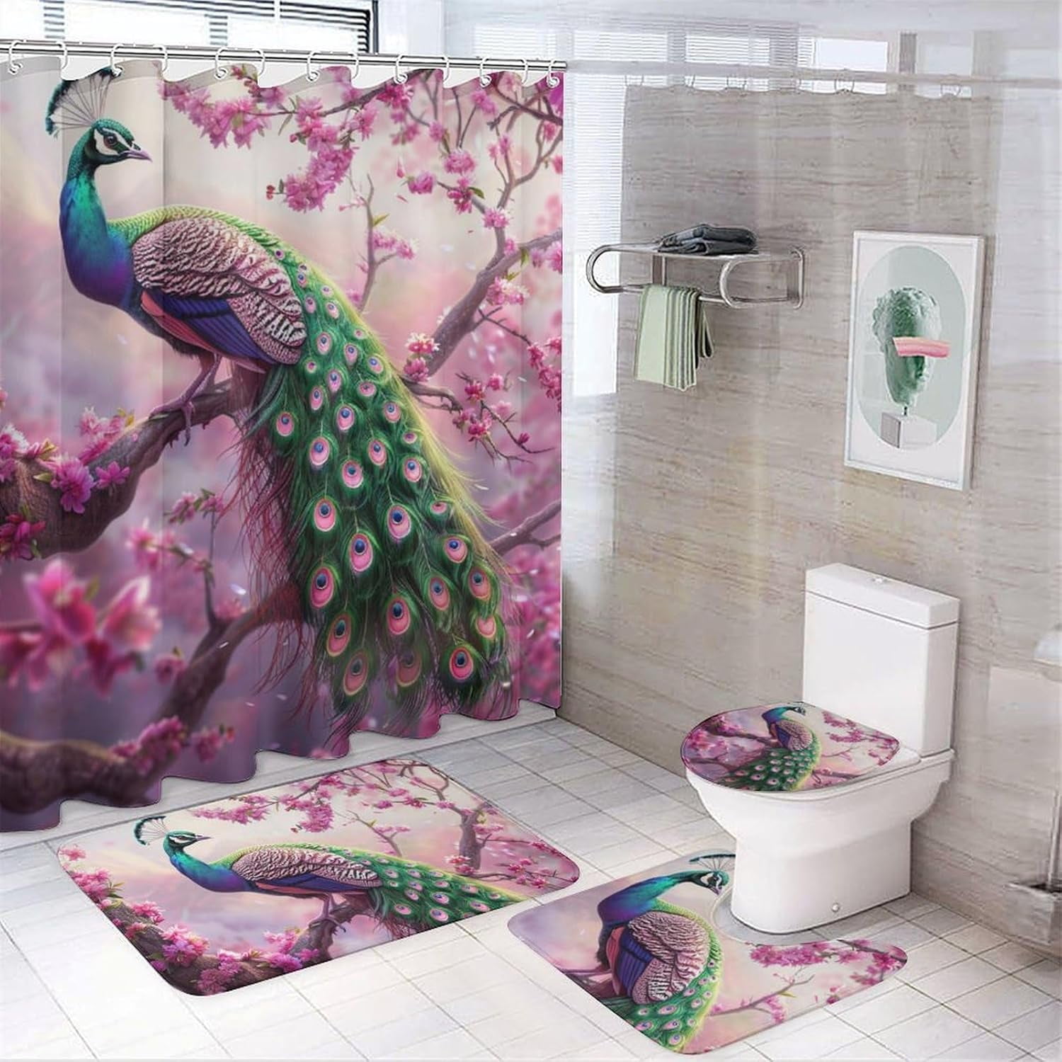 4Pcs Peacock Fantasy Shower Curtain Set, Non-Slip Rug Toilet Lid Cover ...