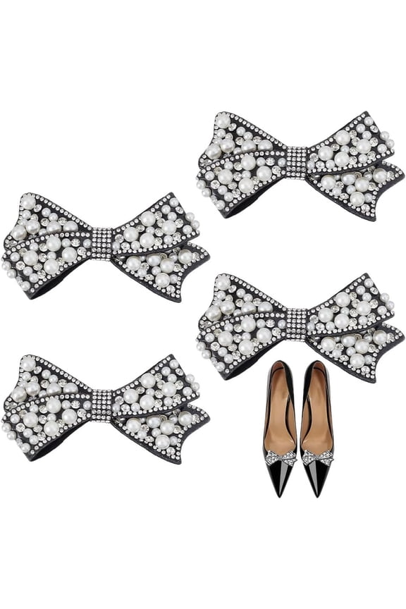 4Pcs Pearl Shoe Clips Black Shoe Jewelry Clips Bowknot Shoelace Charms Pearl Bowknot Shoes Charms Decorative Shoes Clip for Women Sneakers