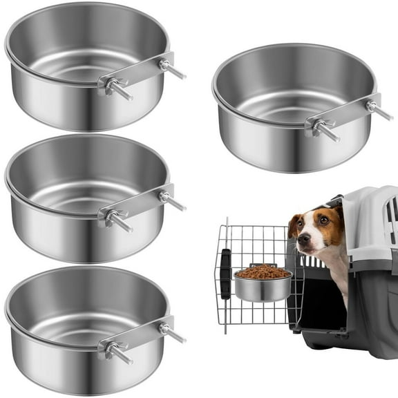 4Pcs Pet Dog Food Bowls, Stainless Steel Metal Water Bowls, 1 Quart Dog Crate Bowls, Hanging Feeders for Dogs Cats Rabbits