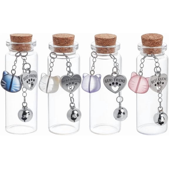 4Pcs Pet Fur Memorial Jar 4 Styles Transparent Glass Empty Bottle Cat Whisker Vase with Bells Cat Charm Heart Plaque Vial for Ashes Hair Dog Cat Keepsake Pet Memorialize Gift Colorful