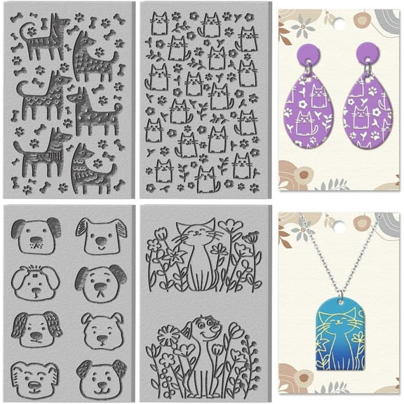 4Pcs Pet Pattern Graphics Polymer Clay Texture Sheet Cats and Dogs Rubber Clay Texture Mat
