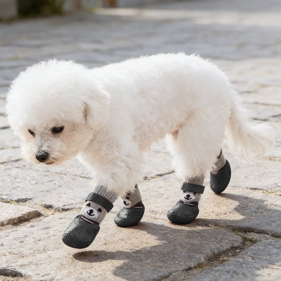 4Pcs Pet Sock Boots Cute Dog Pattern Adjustable Waterproof Pet Footwear Breathable Cat Booties For Small Pets(Black-L)