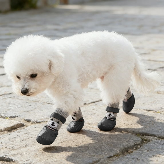 4Pcs Pet Sock Boots Cute Dog Pattern Adjustable Waterproof Pet Footwear Breathable Cat Booties For Small Pets(Black-M)