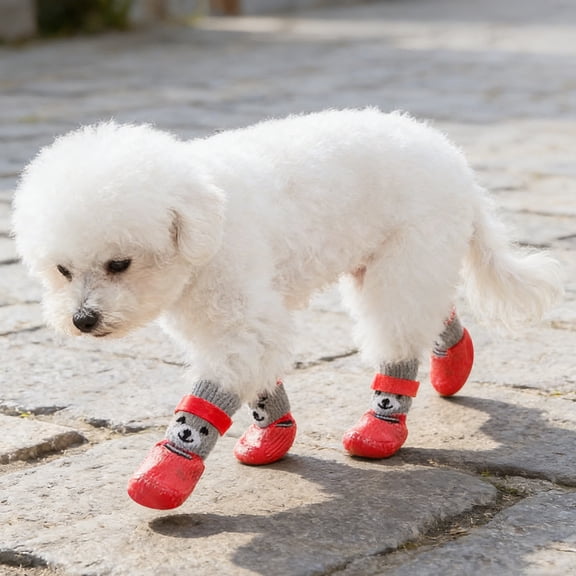 4Pcs Pet Sock Boots Cute Dog Pattern Adjustable Waterproof Pet Footwear Breathable Cat Booties For Small Pets(Red-L)