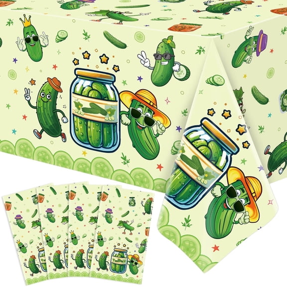 4Pcs Pickle Party Tablecloths Cucumber Birthday Table Covers Decorations 51x86inch Vegetable Themed Rectangular Table Cloth for Kids Birthday Party Fruit Theme Decoration