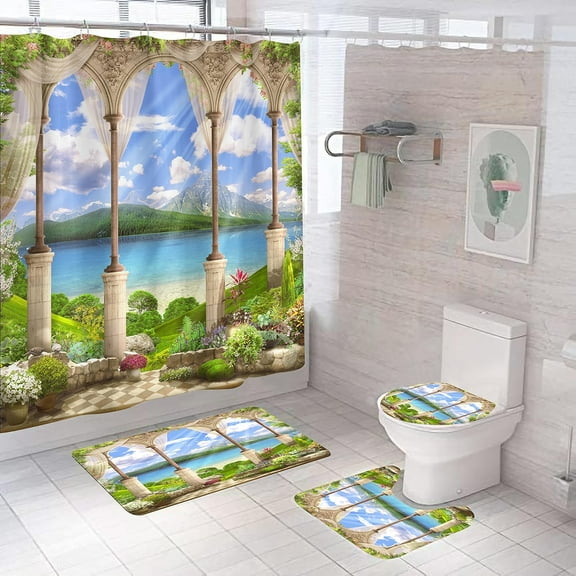 4Pcs Pillar Shower Curtain Sets, Rome Garden Waterproof Shower Curtain Sets for Bathroom with Non Slip Rugs, Toilet Cover and Bath Mat, 12 Plastic Hooks (Pillar)