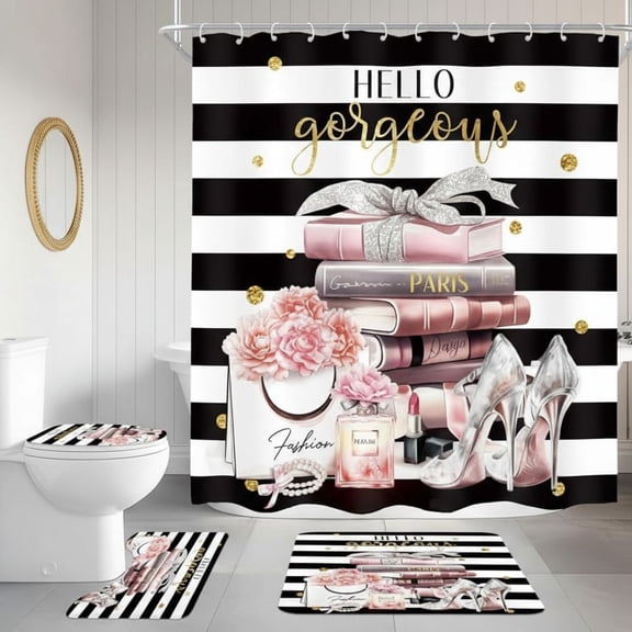 4Pcs Pink Black Girls Bathroom Sets with Shower Curtain and Rugs, Fashion Flower Perfume Toilet Lid Cover, Bath Mat, Women Girly White Striped High Heels Books Shower Curtain with 12 Hooks