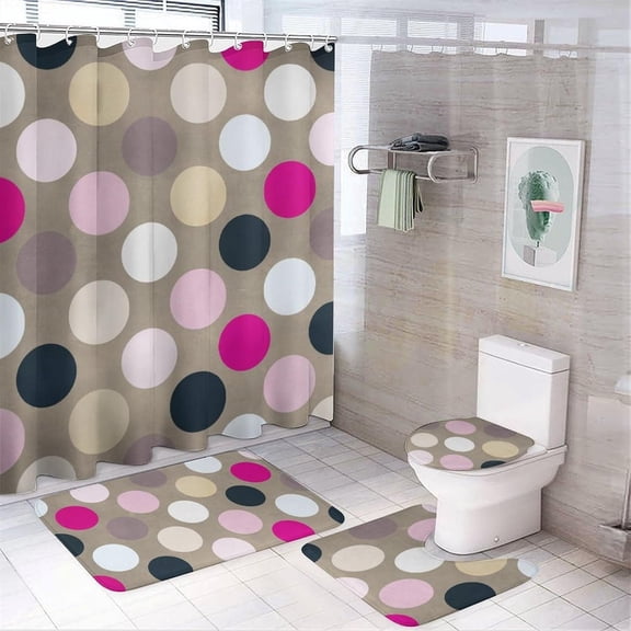 4Pcs Pink-Brown Polka Dots Hot Pink Shower Curtain Sets, Bathroom Set Decor with Non-Slip Bath Mat, Toilet Lid Rug and Contour Mat, 72 x 72inch