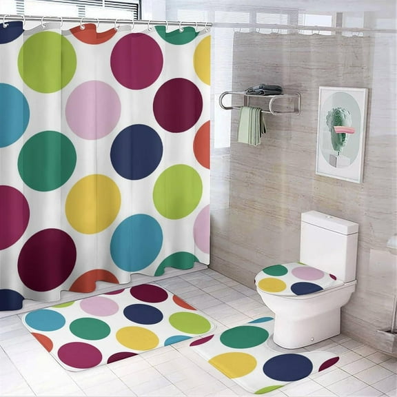 4Pcs Pink-Brown Polka Dots Hot Pink Shower Curtain Sets, Bathroom Set Decor with Non-Slip Bath Mat, Toilet Lid Rug and Contour Mat, 72 x 72inch