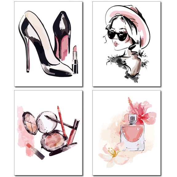 4Pcs Pink Canvas Wall Art Canvas Print Wall Painting High Heels Fashion Women Makeup Perfume Print Poster Artwork Wall Decorations Rectangle Fiber Oil