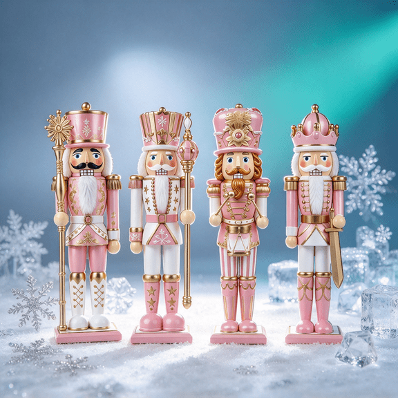 4Pcs Pink Christmas Nutcrackers Gold Accent Soldier King Figurine Set for Living Room and Fireplace Mantel