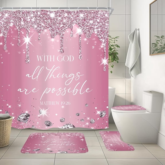 4Pcs Pink Diamonds Quotes Shower Curtain Sets with Non-Slip Rugs, Toilet Lid Cover and Bath Mat, Bible Verse Christian Scripture Shower Curtain with 12 Hooks, Luxury Bath Curtain for Bathroom