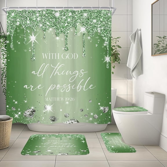 4Pcs Pink Diamonds Quotes Shower Curtain Sets with Non-Slip Rugs, Toilet Lid Cover and Bath Mat, Bible Verse Christian Scripture Shower Curtain with 12 Hooks, Luxury Bath Curtain for Bathroom