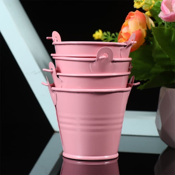4Pcs Pink Iron Flower Bucket Simple Metal Pot with Handle for Photo Prop and Storage