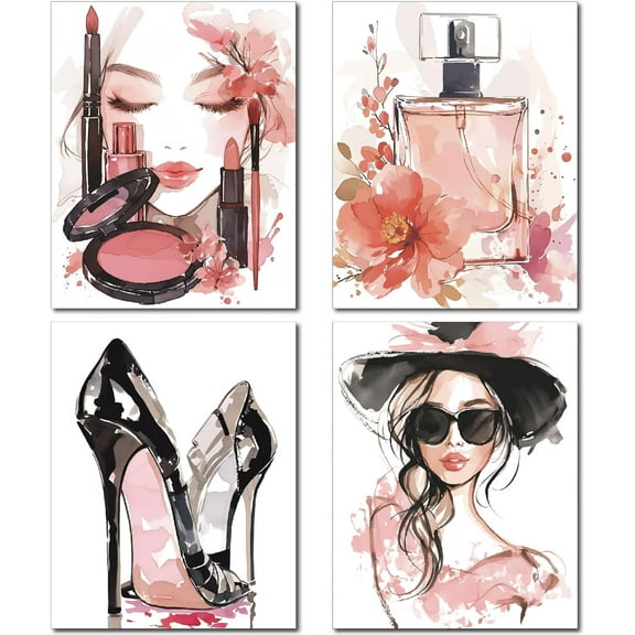4Pcs Pink Makeup Wall Art Prints Fashion Woman Canvas Picture Watercolor Decor Paintings High Heels Perfume Beauty Wall Art Drawing Posters Wall Decor for Bedroom 8 x 10Inch-Unframed