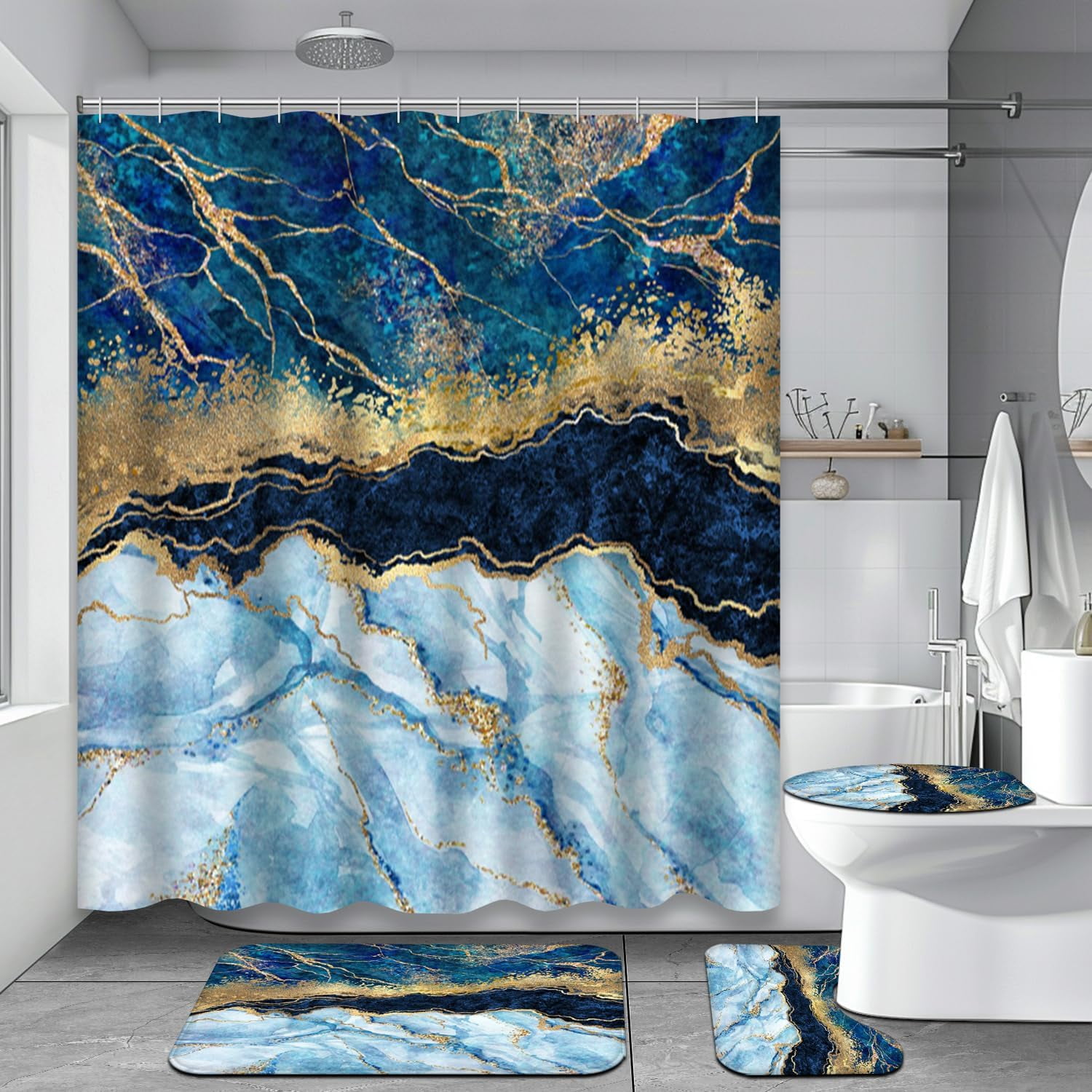 4Pcs Pink Marble Shower Curtain Set with Rugs for Bathroom Decor,Gold ...