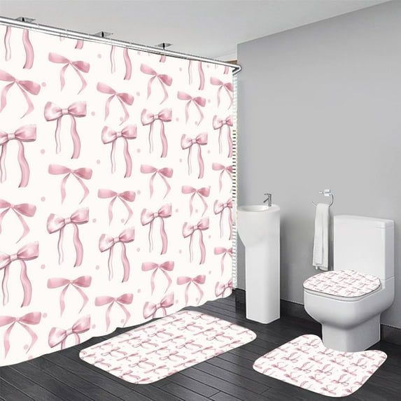 4Pcs Pink Shower Curtain Set Cute Bathroom Sets with Shower Curtain and Rugs and Accessories Aesthetic Bathroom Decor Set with 12 Hooks