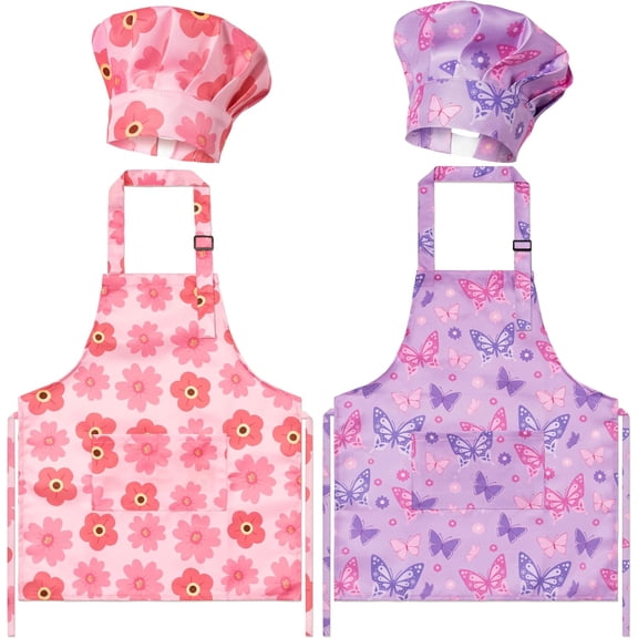 4Pcs Pink Theme Kids Apron and Chef Hat Set Gift for Girls, Floral Butterfly Adjustable Kitchen Beginner Toddler Aprons with 2 Pockets Waterproof Smocks for Baking Cooking Painting Training