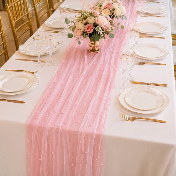 4Pcs Pink Tulle Table Runner 29.5 x 120 Inch, Pearl Lace Chiffon Table Runners with Soft Mesh Fabric for Wedding Decorations, Bridal Party, Birthday Events and Special Occasions