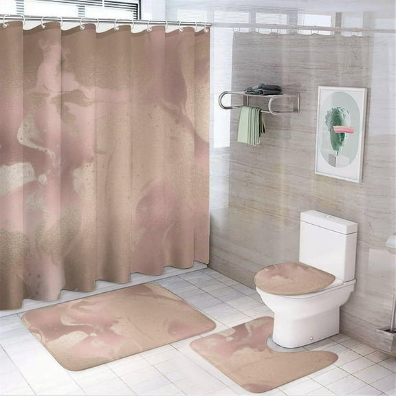 4Pcs Pink and Gold Marble Shower Curtain Sets, Bathroom Set Decor with Non-Slip Bath Mat, Toilet Lid Rug and Contour Mat, 72 x 72inch