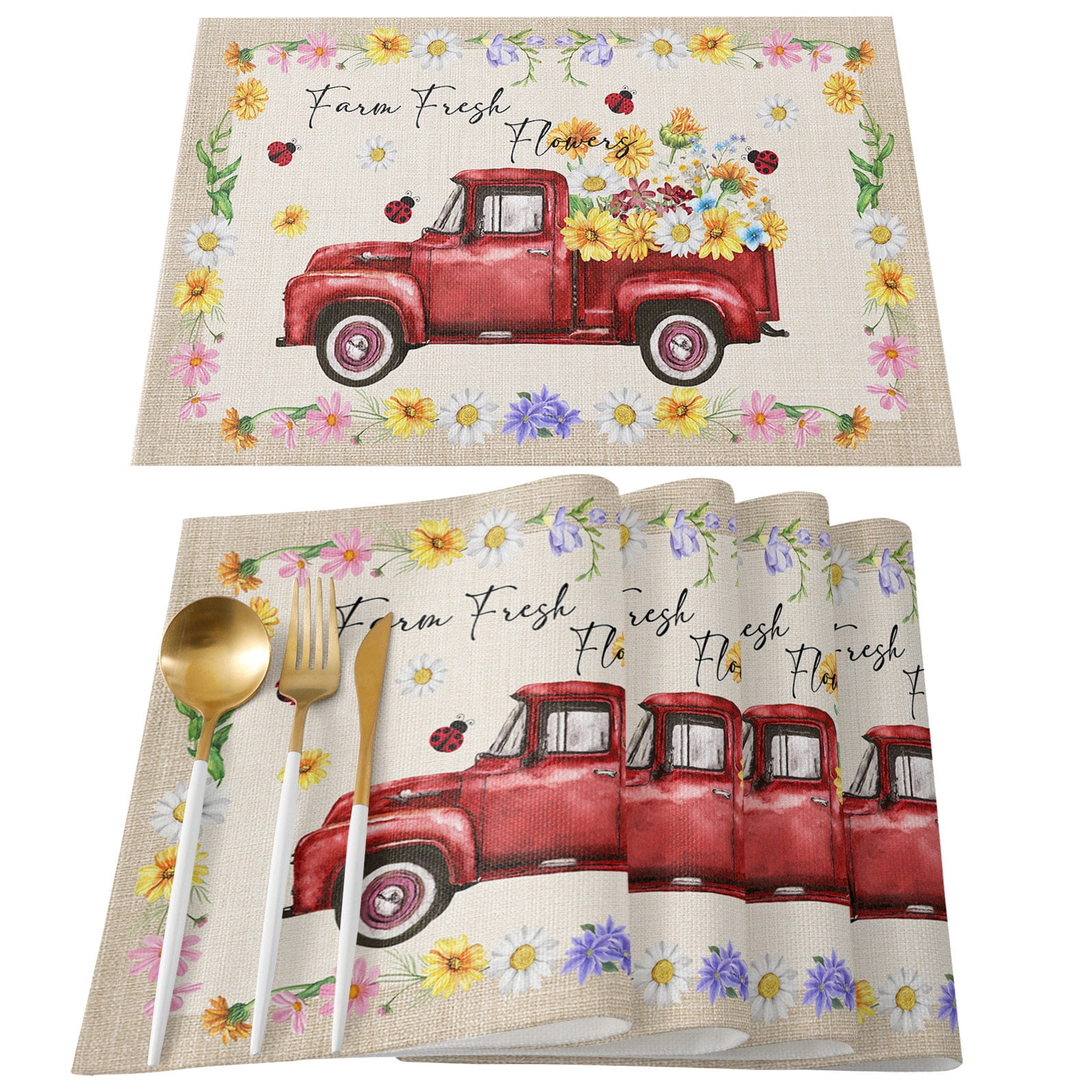 4Pcs Placemats Washable,Red Truck Placemat for Dining Table Decorations
