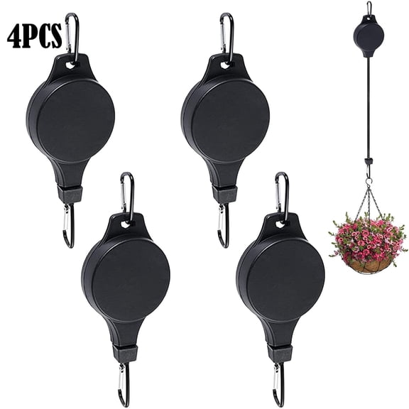 4Pcs Plant Pulley Retractable Hanger Easy Reach Plant Pulley Adjustable Height Wheel for Hanging Plants Heavy Duty Plant Hanger for Garden Baskets Pots- Black
