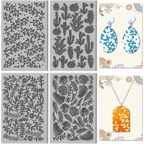 4Pcs Plants Polymer Clay Texture Sheet Cactus Tropical Leaves Rubber Clay Texture Mat