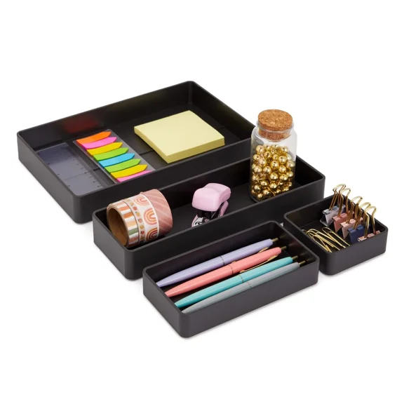 4Pcs Plastic Desk Organizer Drawer Trays Set For Office Cosmetic Kitchen Storage