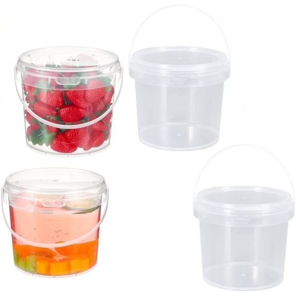 4Pcs Plastic Ice Cream Containers, 500ml/17oz Clear Buckets with Lids and Handles, Cocktail Rum Buckets for Snacks Deli Fruits, Drinks