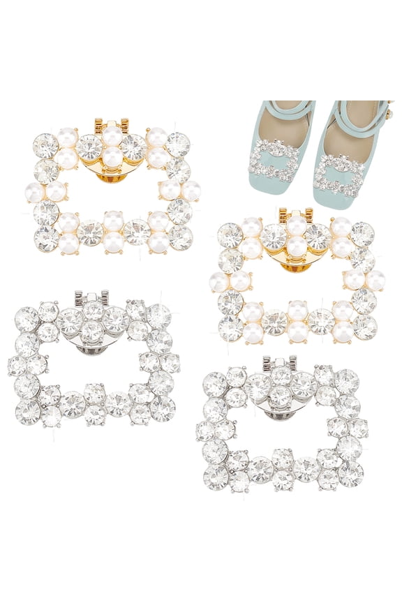 4Pcs Plastic Imitation Pearl Shoe Decoration Alloy Rhinestone Detachable Shoe Buckle Clips Rectangle 50~51.5x40x9.8~13mm 2pcs/style