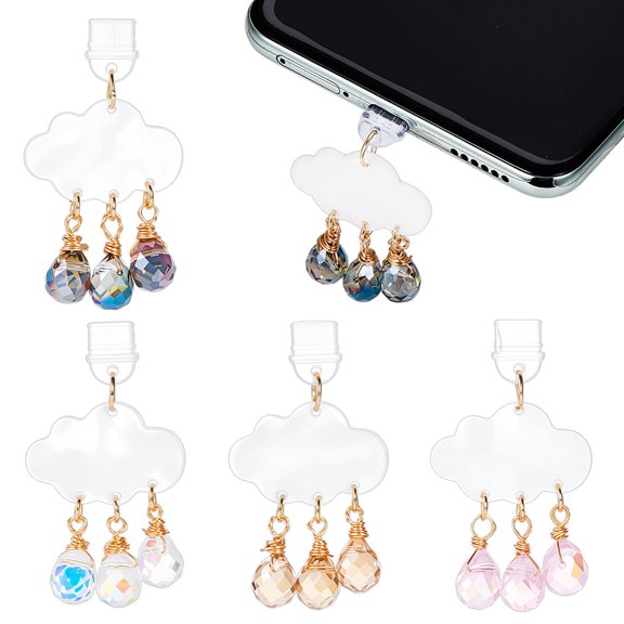 4Pcs Plastic Mobile Dustproof Plugs with Acrylic & Glass Pendants Cloud with Teardrop Golden Mixed Color 49mm 4pcs/set