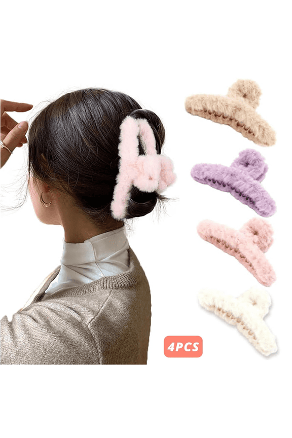 4Pcs Plush Claw Clip for Thick Hair Cute Furry Claw Clips for Thick Curly Hair Fluffy Plush Faux Fur Hair Clip for Hair Non Slip Strong Hold Jaw Clips
