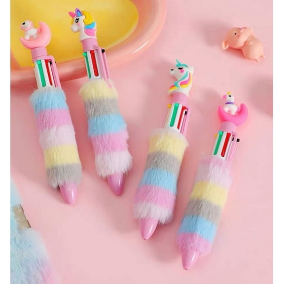 4Pcs Plush Unicorn Ballpoint Pens Six-Color Ink, Soft Pink Design, Smooth Writing, Perfect for Party Supplies, Christmas Gifts, Office Use, Ideal for Colleagues, Friends, and FamilyRandom color