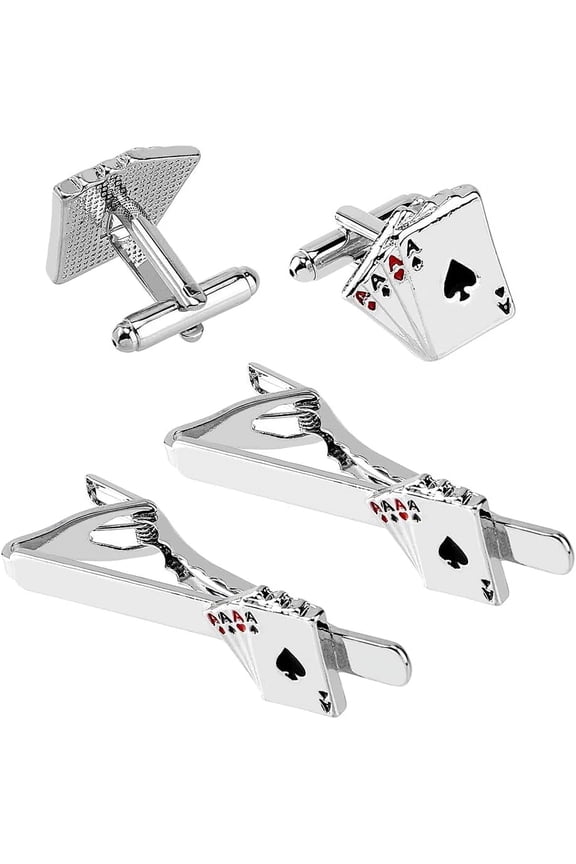 4Pcs Poker Playing Cards Cufflinks and Tie Clip Sets Gentleman's Tie Clips Fun Alloy Enamel Cufflinks for Mens Suit Formal Shirt Business Party Accessories Silver