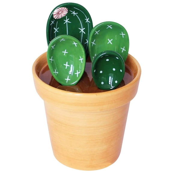 4Pcs Porcelain Measuring Spoons Set with Base Cute Cactus Shape Stirring Soup Spoon Reusable and Durable Ceramic Flower Pot Measuring Spoon Set for Home Kitchen