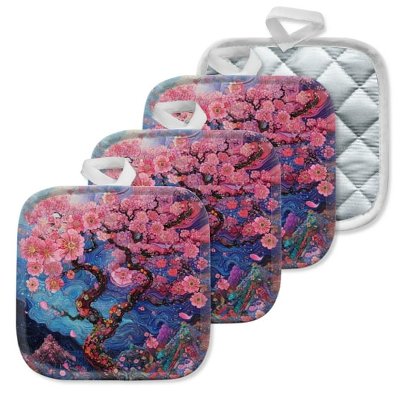 4Pcs Pot Holder for Kitchen, Beautiful Dreamy - Blossom Landscape Composition Square Heat Resistant Hotpads, 8x8in Non Slip Dirt-Proof Kitchen Cook Oven Potholders Machine Washable