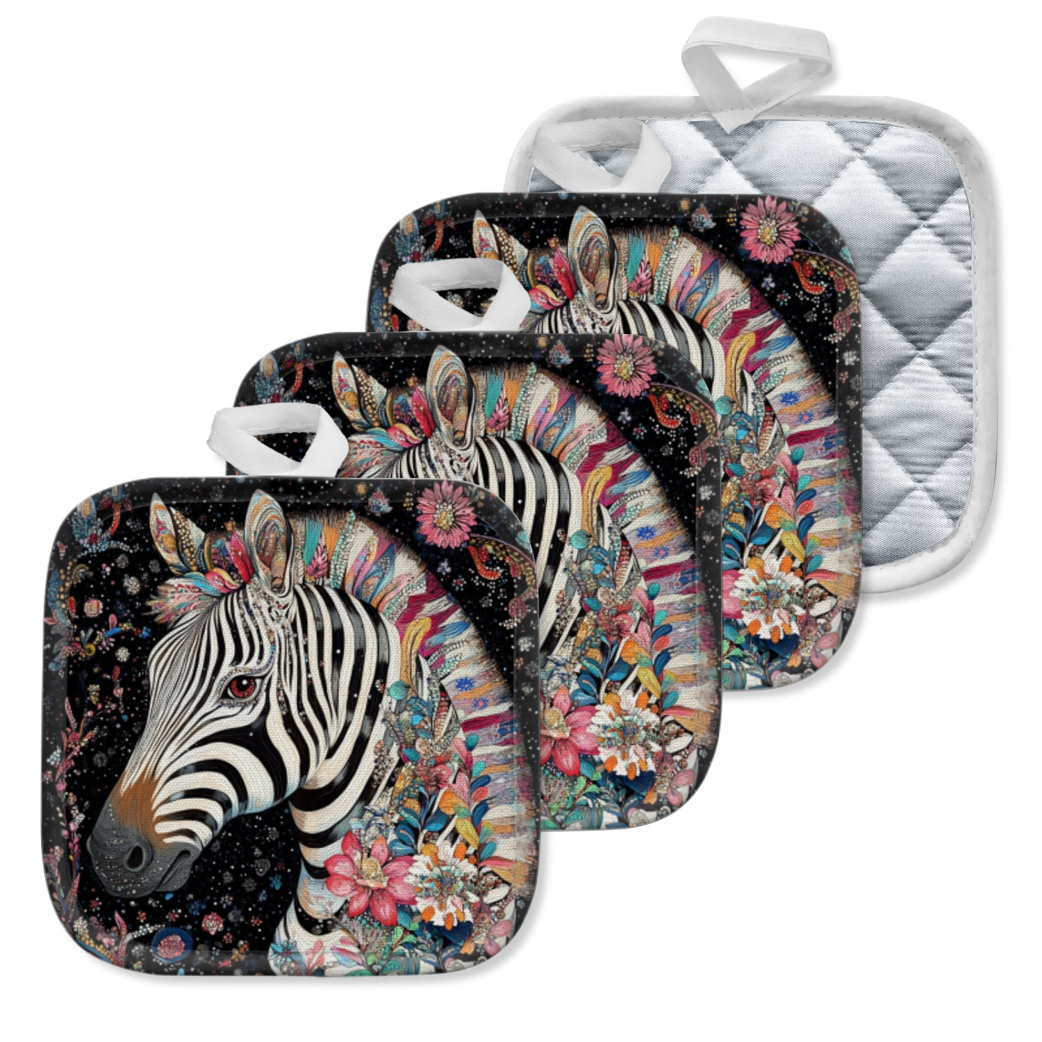 4Pcs Pot Holder for Kitchen, Beautiful Zebra Embraced By Floral Art ...