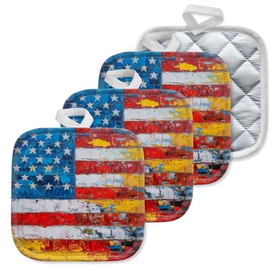4Pcs Pot Holder for Kitchen, Thick-Painted American Flag Composition Square Heat Resistant Hotpads, 8x8in Non Slip Dirt-Proof Kitchen Cook Oven Potholders Machine Washable