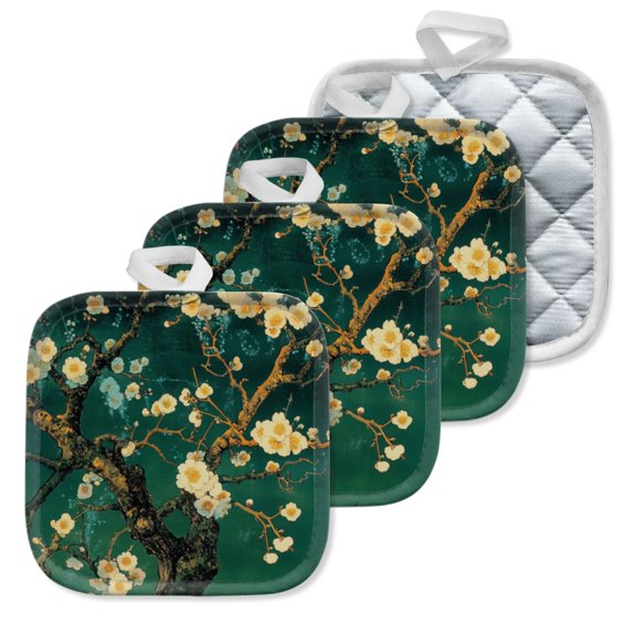 4Pcs Pot Holder for Kitchen, Verdant - Backdrop Plum Art Composition Square Heat Resistant Hotpads, 8x8in Non Slip Dirt-Proof Kitchen Cook Oven Potholders Machine Washable