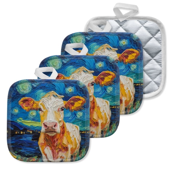 4Pcs Pot Holder for Kitchen, Yellow And White Bull In The Style Of Van Gogh'S Starry Night Composition Square Heat Resistant Hotpads, Non Slip Dirt-Proof Kitchen Cook Oven Potholders Machine Washable