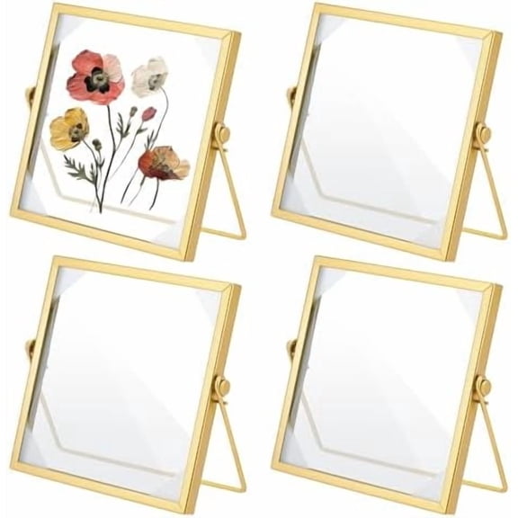 4Pcs Pressed Flower Frame, Double Glass Frame for Pressed Flowers Handmade, 6x6 Inches Clear Glass Picture Frames, Gold Floating Frames for Press Flower Tabletop Display DIY Birthday Gift