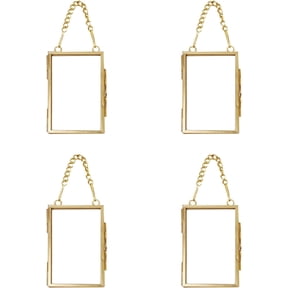 QZS 4Pcs Pressed Flowers Glass Frame,3 Inch Brass Hanging Photo Frame,Golden Hanging Glass Picture Frames with Chain for Wall Decor Plant Specimen Photo Display