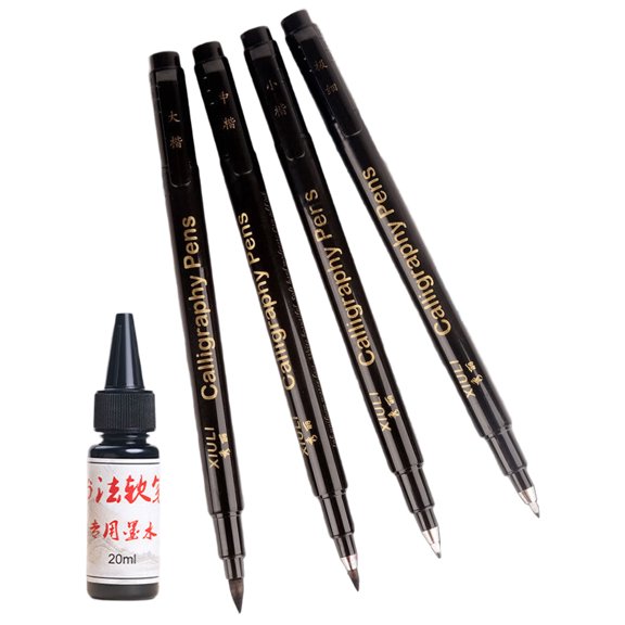 4Pcs Professional Refillable Painting Pen Set Soft Tip Brush Pen Includes 25ML Inks Bottle for Handwriting Sketching