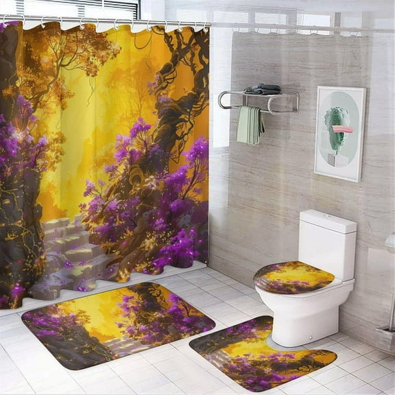 4Pcs Psychedelic Forest Shower Curtain Set with Rugs, Toilet Lid Cover and Bath Mat, Fantasy Theme Golden Tree Leaves Purple Plant Bathroom Curtains Decor Shower Curtains, 72" x 72"