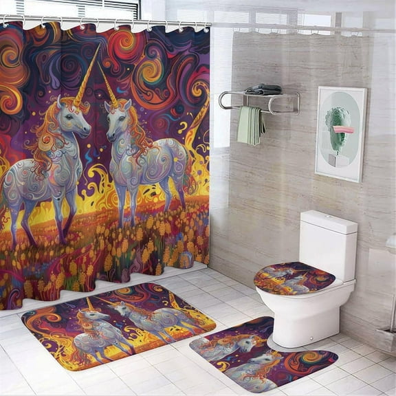 4Pcs Abstract Horse Shower Curtain Sets with Rugs, Toilet Lid Cover and Bath Mat, Fantasy Boho Floral Grassland Bathroom Shower Curtains Set with 12 Hooks