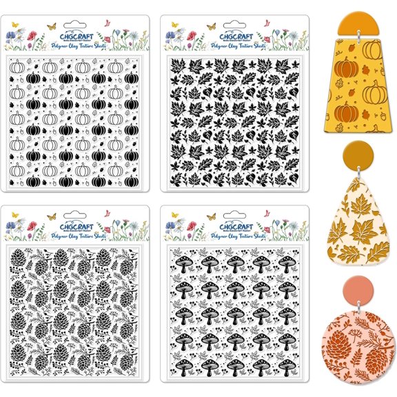 4Pcs Pumpkin Maple Leaf Polymer Clay Texture Sheet Pinecone and Mushroom Autumn Silicone Clay Texture Mat DIY