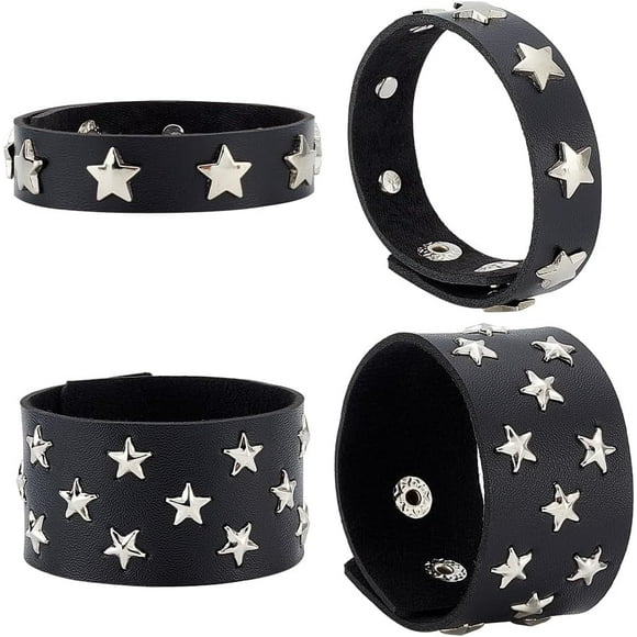 4Pcs Punk Leather Bracelet Rock Leather Wristband Adjustable Goth Cuff Bracelet Leather Cuff Punk Bracelet for Men Women Party Deco Jewelry