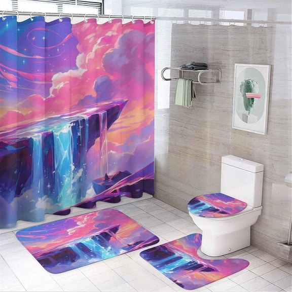 4Pcs Purple Galaxy Waterfall- Shower Curtain Set with Toilet Lid Cover Non-Slip Rugs for Bathroom, Colorful Star Starry Sky Shower Curtain Bathroom Sets with Hooks, 72x72 Inch