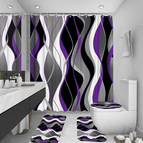 4Pcs Purple Shower Curtain Sets with Non-Slip Rugs, Toilet Lid Cover and Bath Mat, Black and Gray Bathroom Decor Set Accessories Fabric Waterproof Shower Curtains with 12 Hooks, 72 x 72 Inch