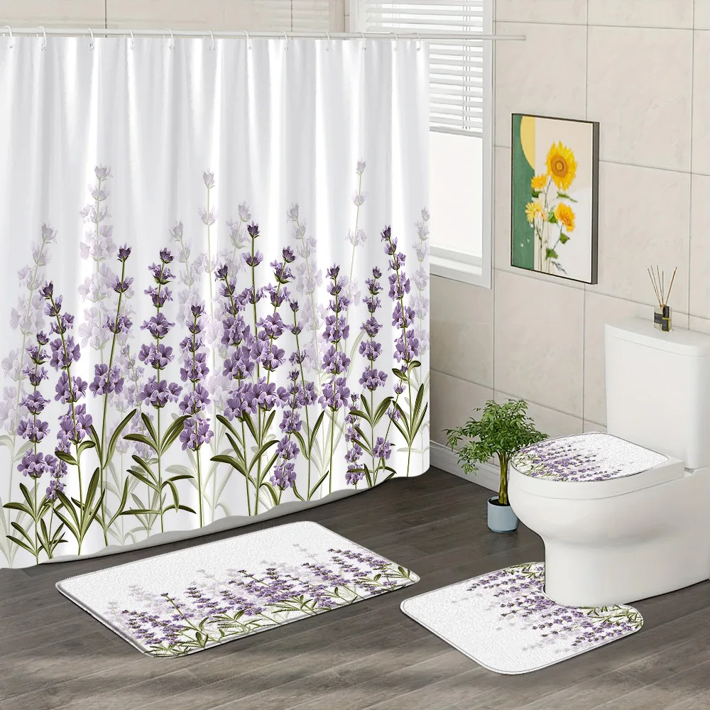4Pcs Purple Trailing Vine Floral Shower Curtain Rug Set Lavender